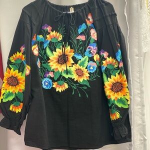 Floral Embroidered Black Blouse
